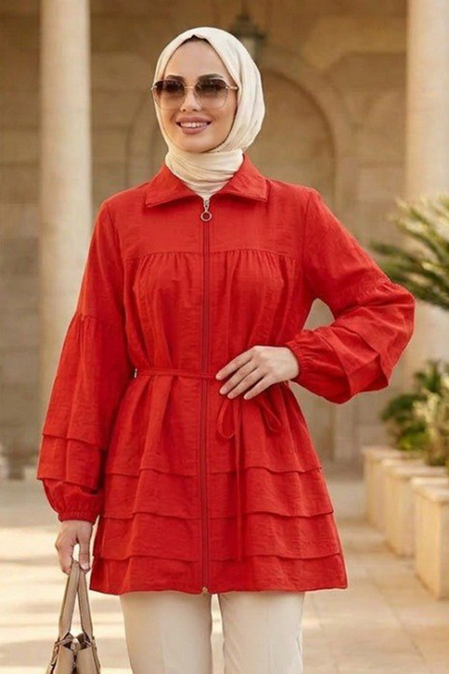 Ruffle-Detailed Zippered Red Modest Tunic 15131K