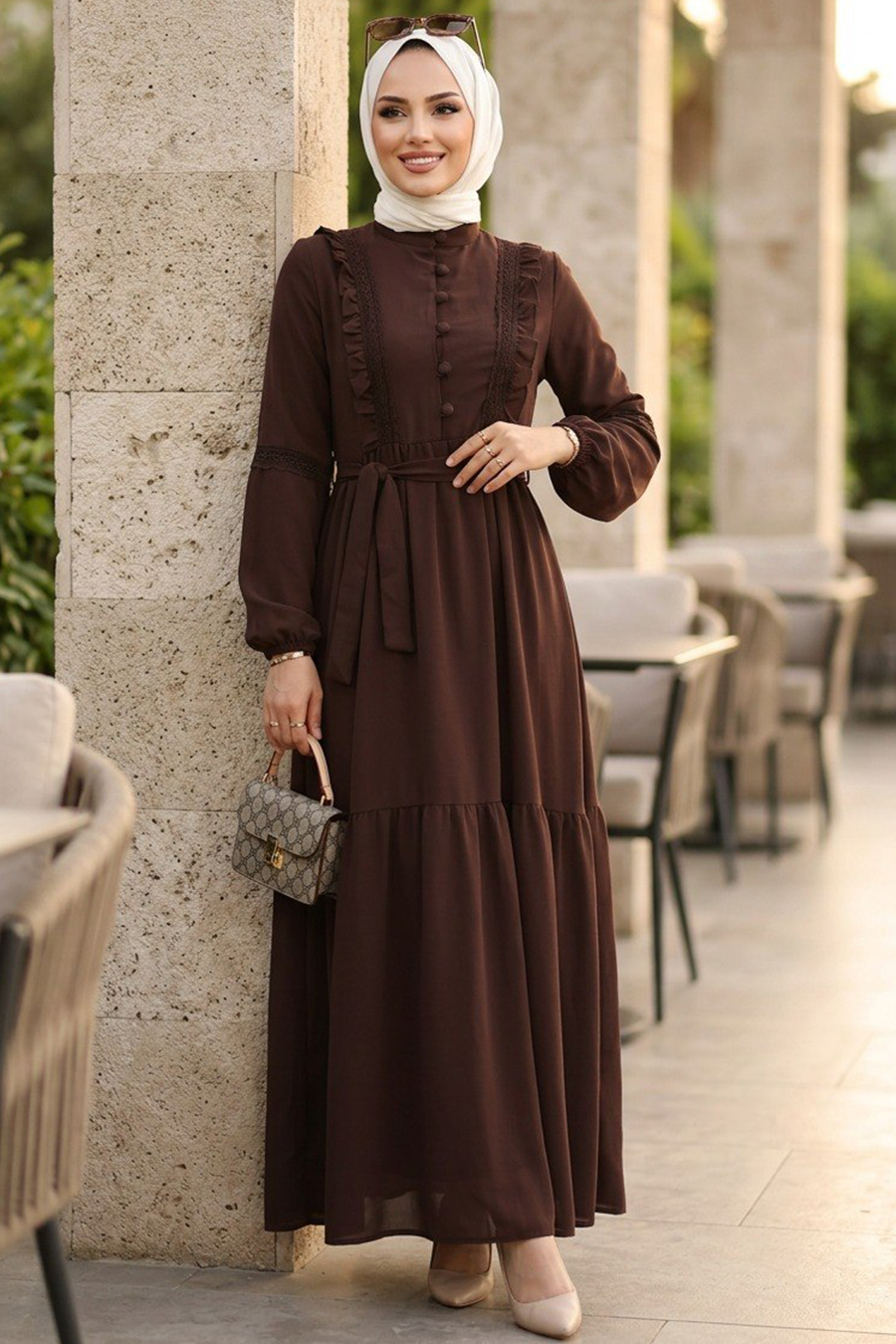 Ruffle-Detailed Dark Brown Modest Dress 10318KKH