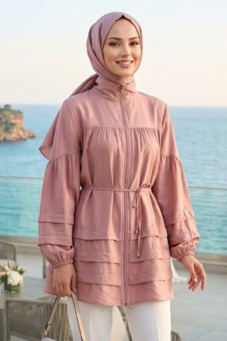 Ruffle-Detailed Zippered Powder Pink Modest Tunic 15131PD