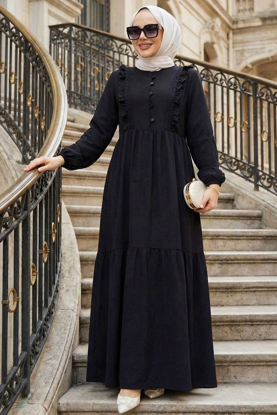 Ruffle-Detailed Black Modest Dress 10318S