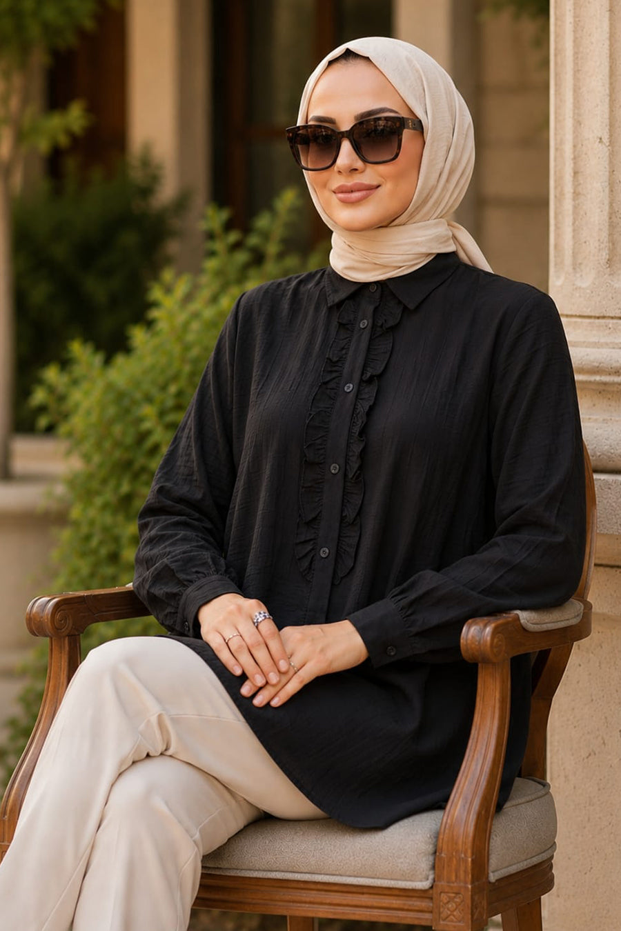 Ruffle-Detailed Black Modest Shirt 10931S