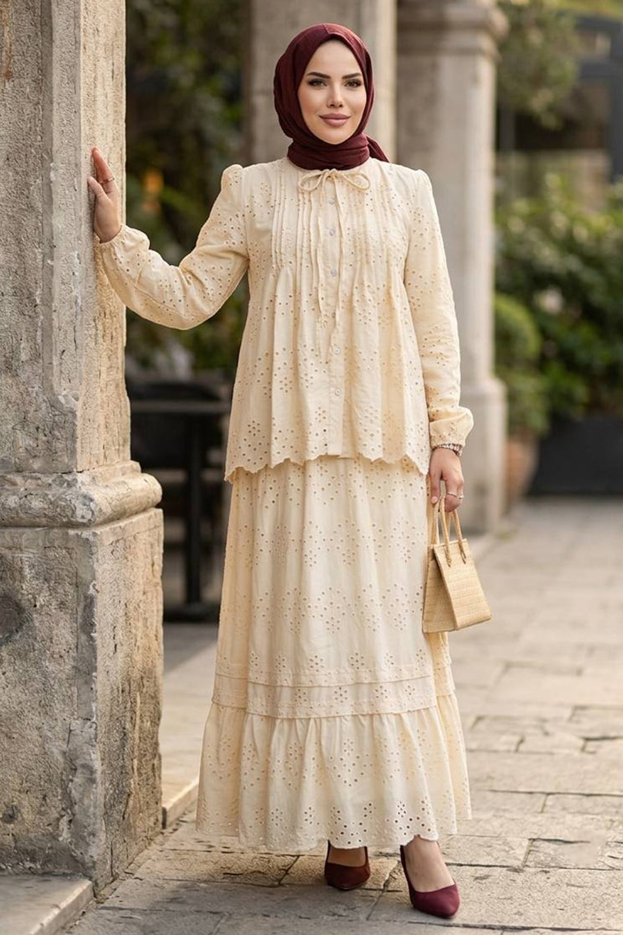 50194BEJ Beige Ruffle-Collar Tiered Broderie Set