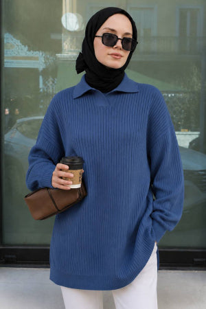 Ribbed Indigo Blue Modest Knit Sweater Tunic 65903IM