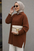 Ribbed Brown Modest Knit Sweater Tunic 65903KH