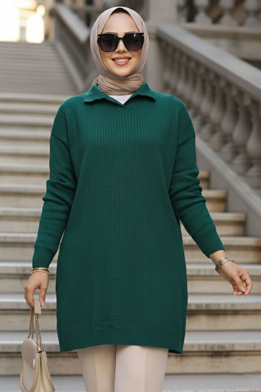 Ribbed Emerald Green Modest Knit Sweater Tunic 65903ZY