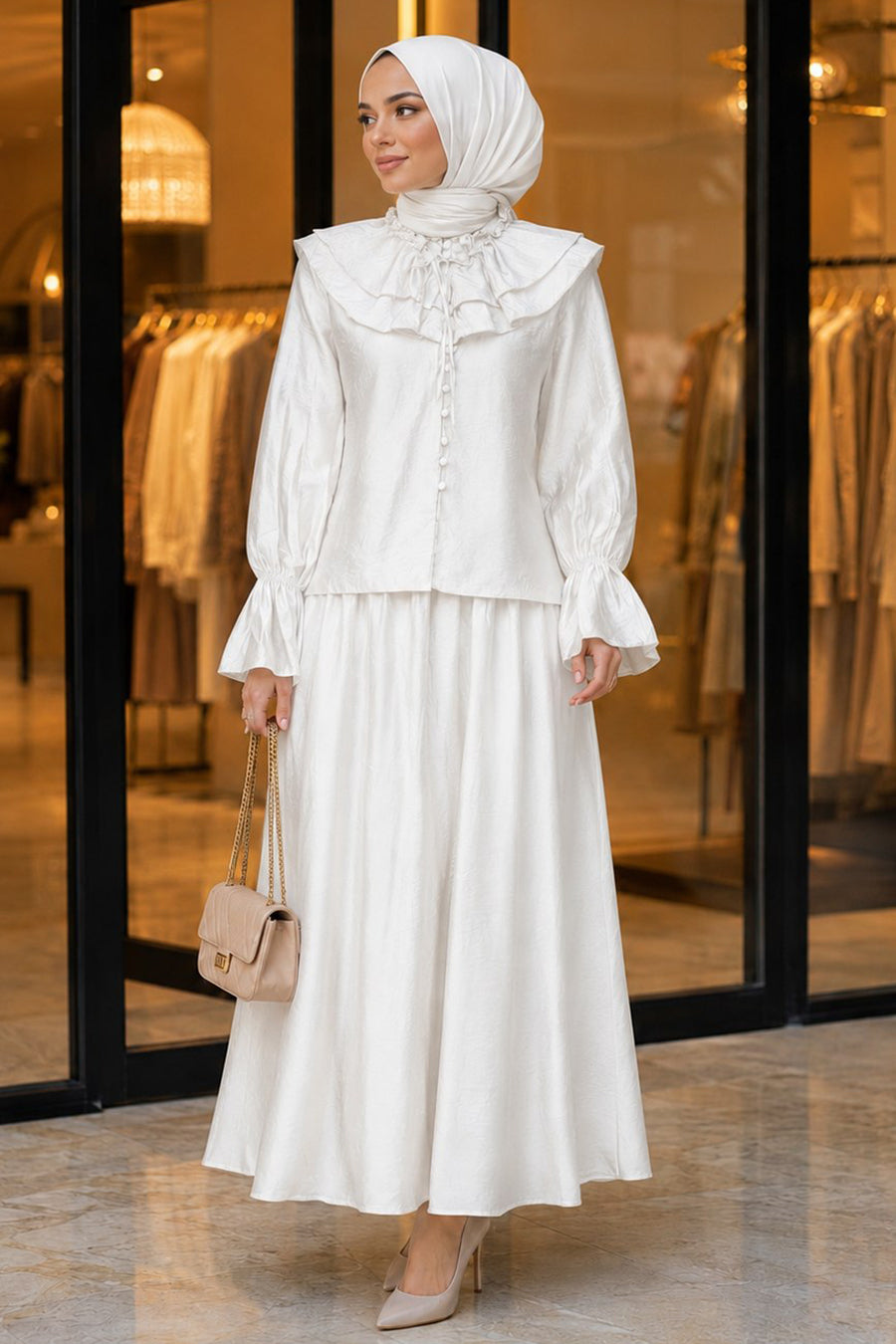 26082B White Wide-Collar Tulle Modal Set
