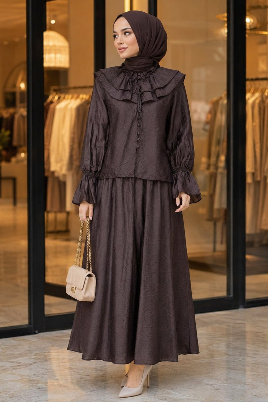 26082KH Brown Wide-Collar Tulle Modal Set