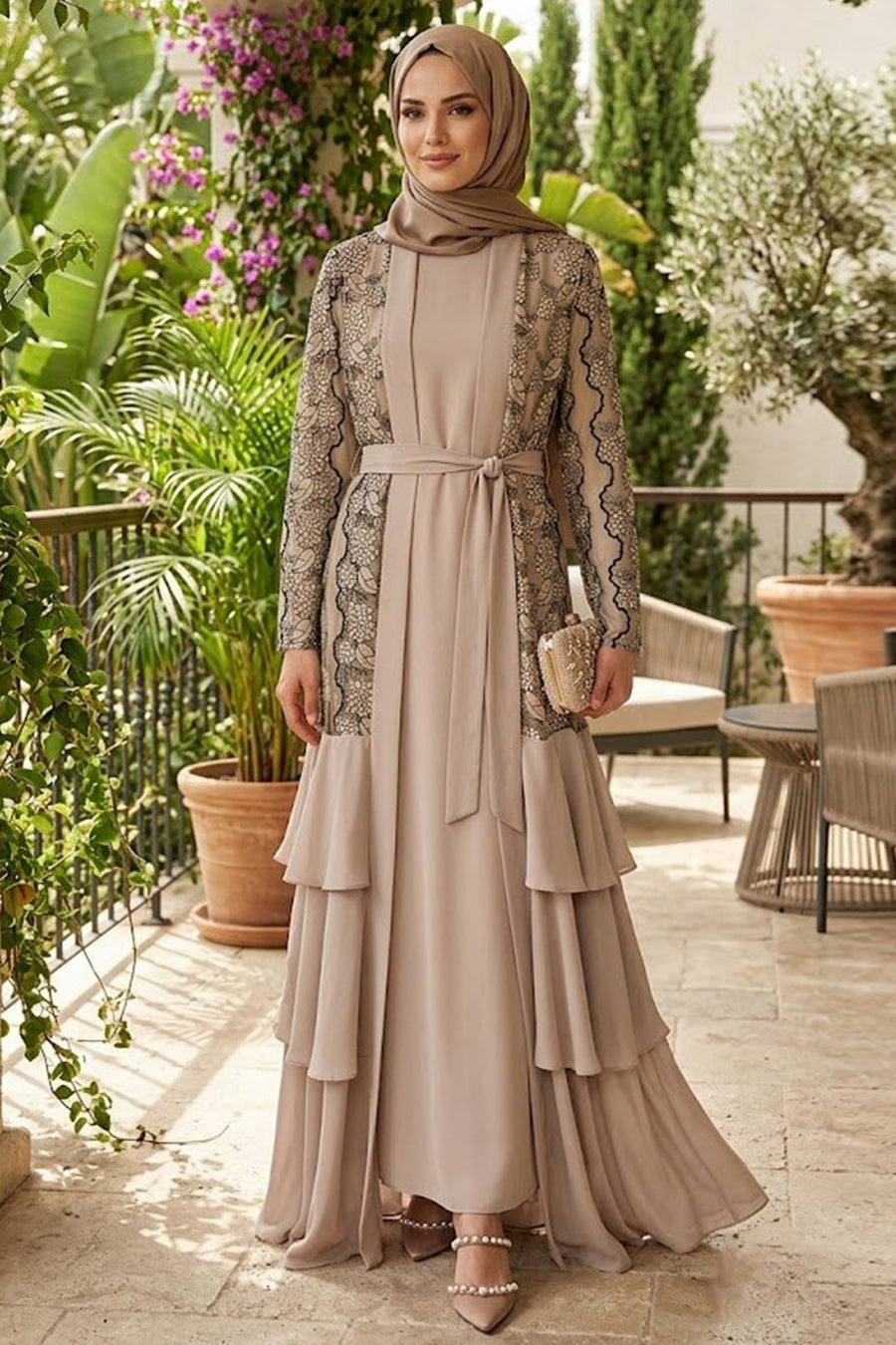Guipure Lace Dark Beige Modest Abaya 63261KBEJ