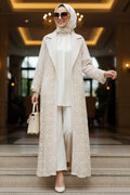 Guipure Lace Beige Modest Abaya Kimono 63191BEJ