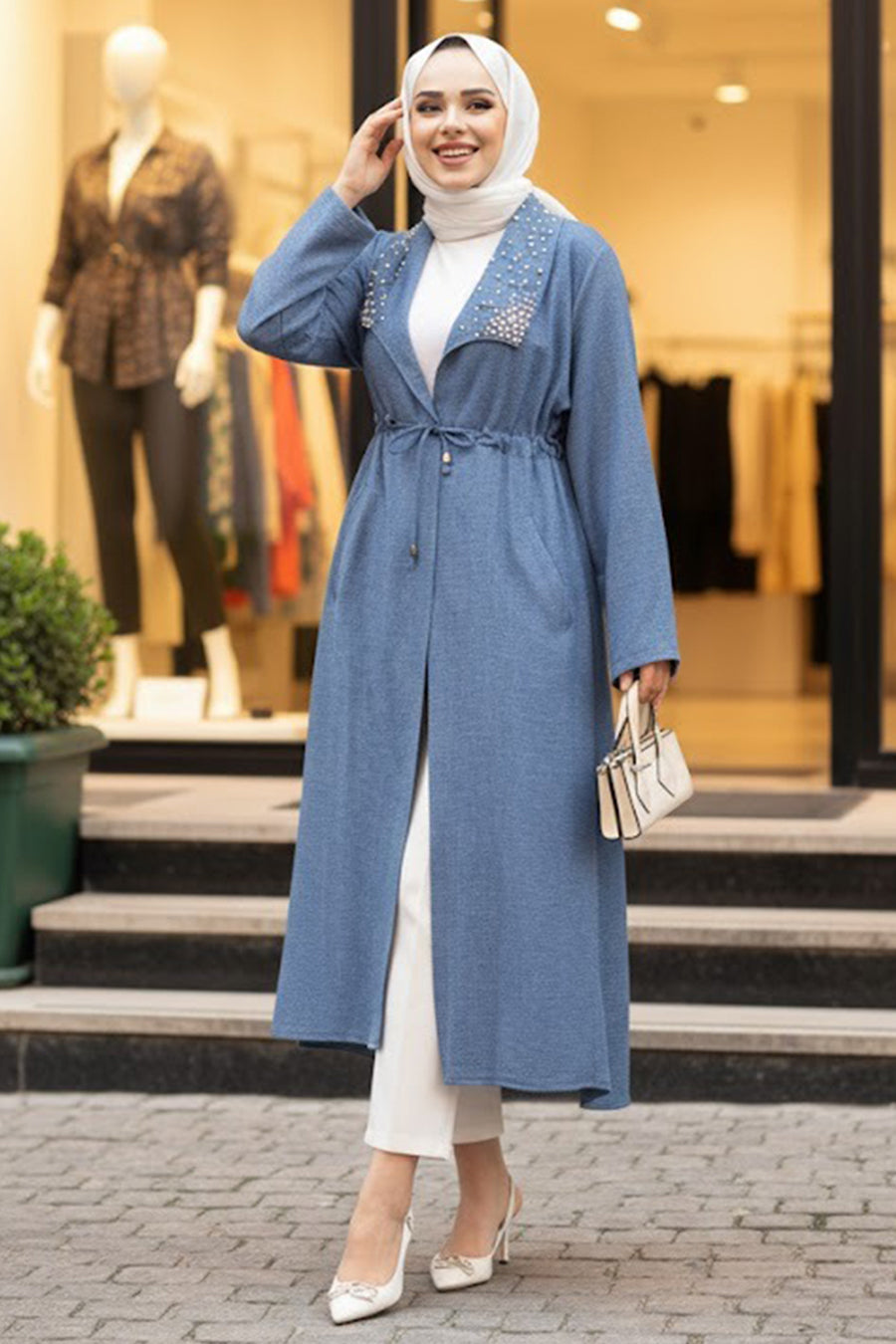 Pearl-Detailed Indigo Blue Modest Cape 6714IM