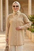 Pearl-Embroidered Beige Modest Tunic 10092BEJ