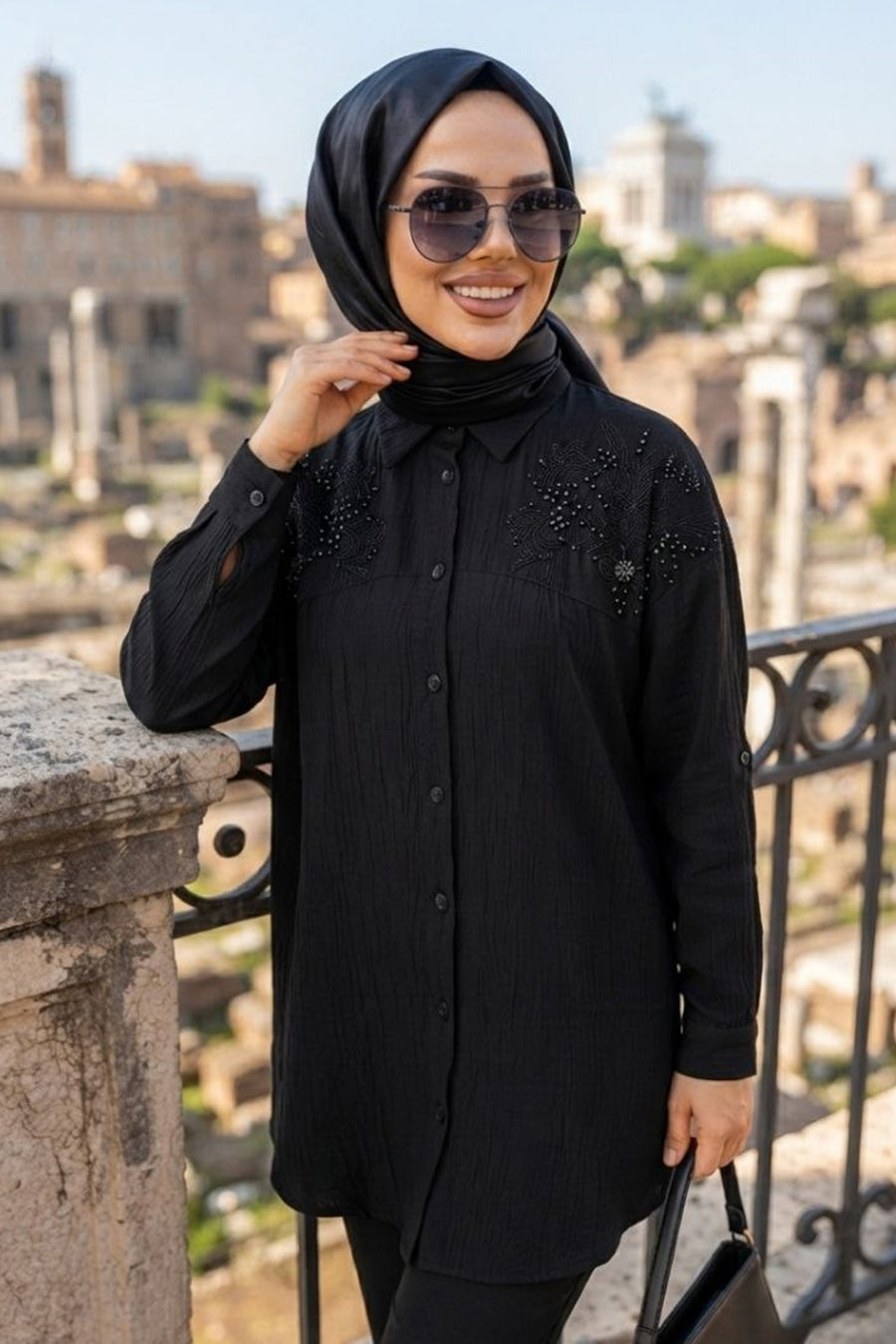 Pearl-Embroidered White Modest Tunic 10094B