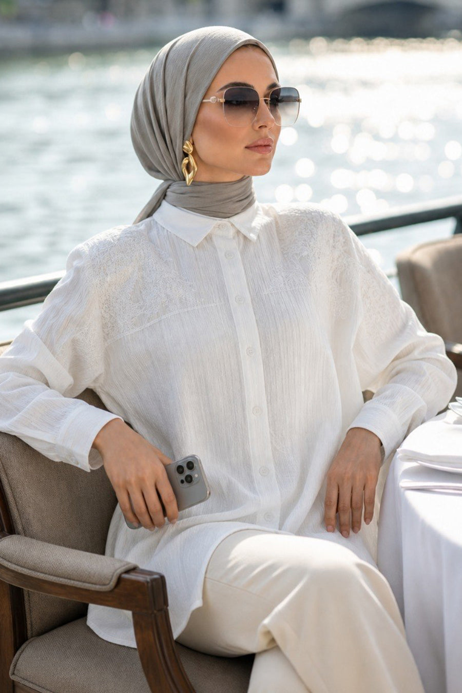 Pearl-Embroidered Ecru Modest Tunic 10092E