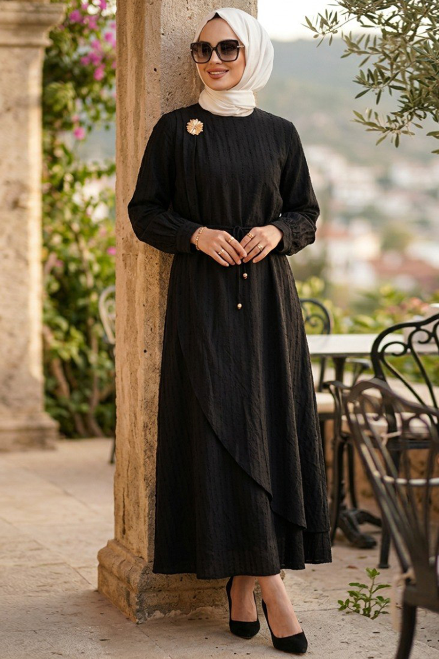 Rope-Belted Black Modest Dress 20162S