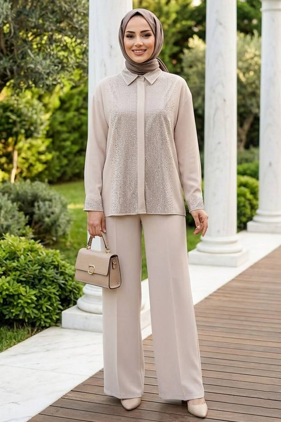 Stone-Embellished Beige Crepe Modest Two-Piece Set 95726BEJ