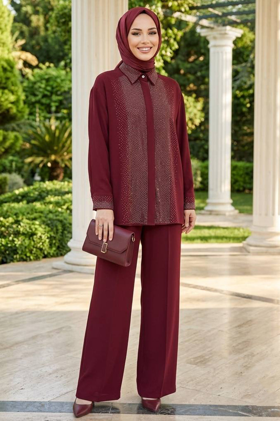 Stone-Embellished Burgundy Crepe Modest Two-Piece Set 95726BR