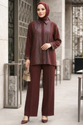 Stone-Embellished Brown Crepe Modest Two-Piece Set 95726KH