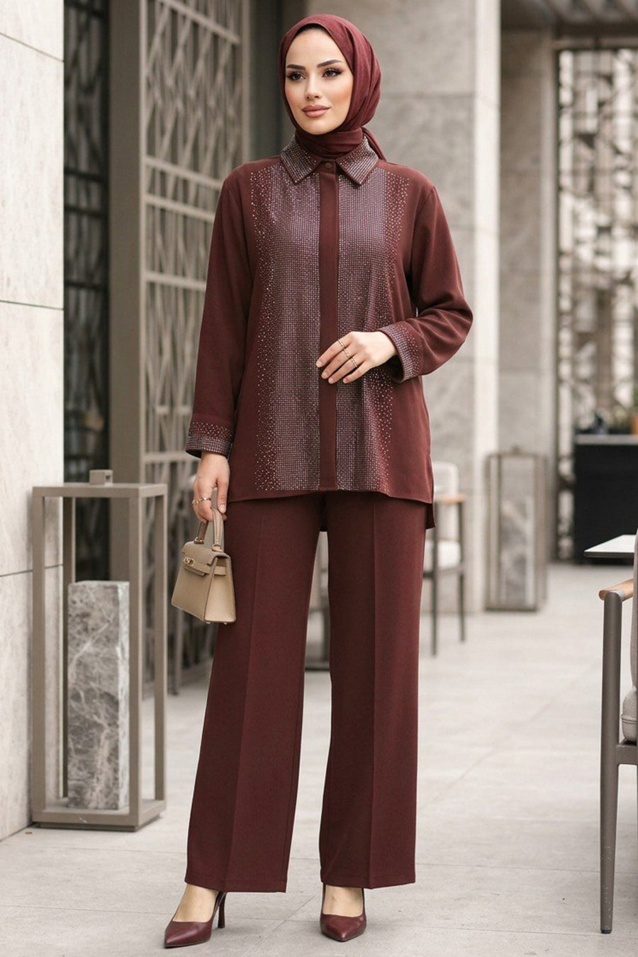 Stone-Embellished Brown Crepe Modest Two-Piece Set 95726KH