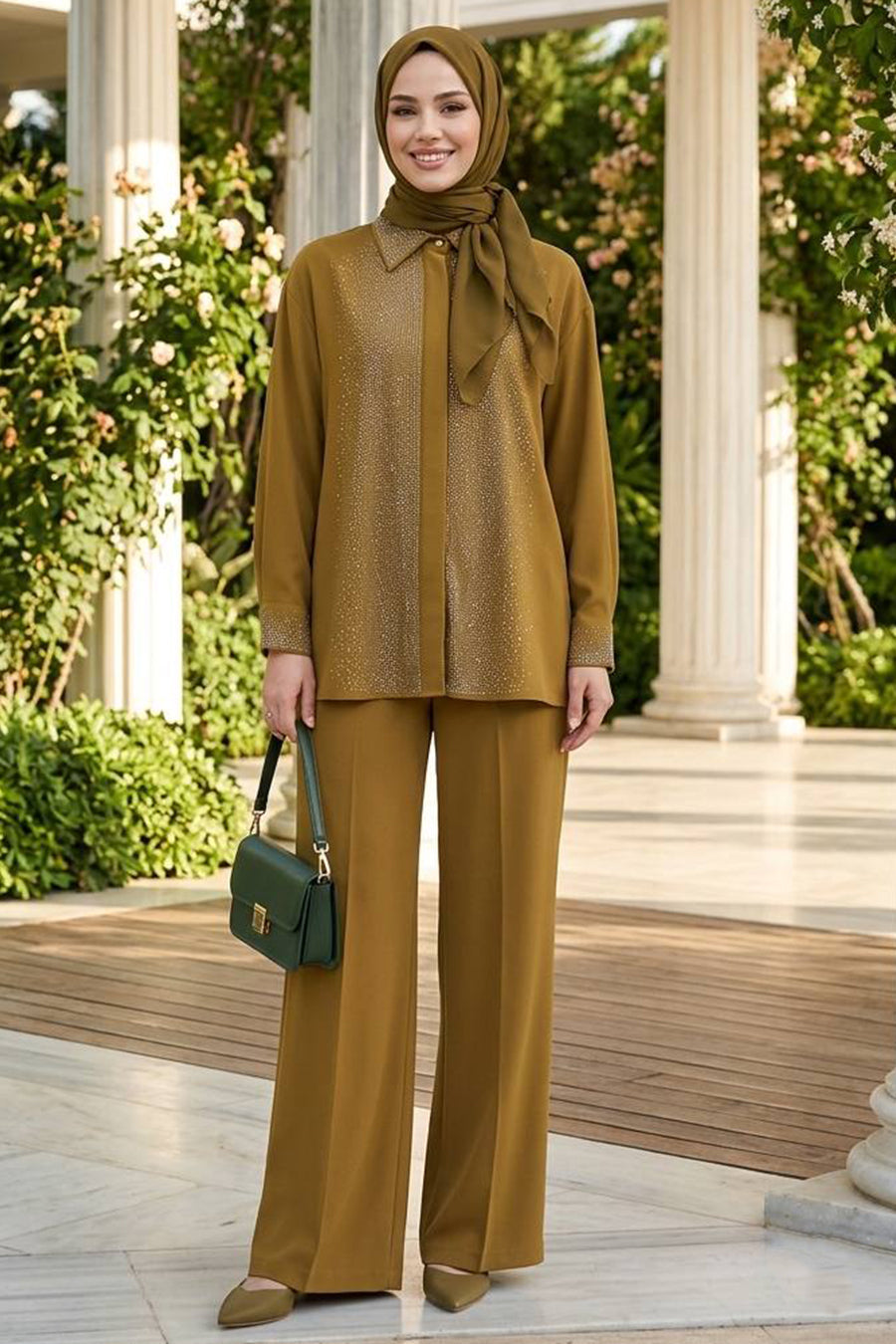 Stone-Embellished Olive Green Crepe Modest Two-Piece Set 95726YY