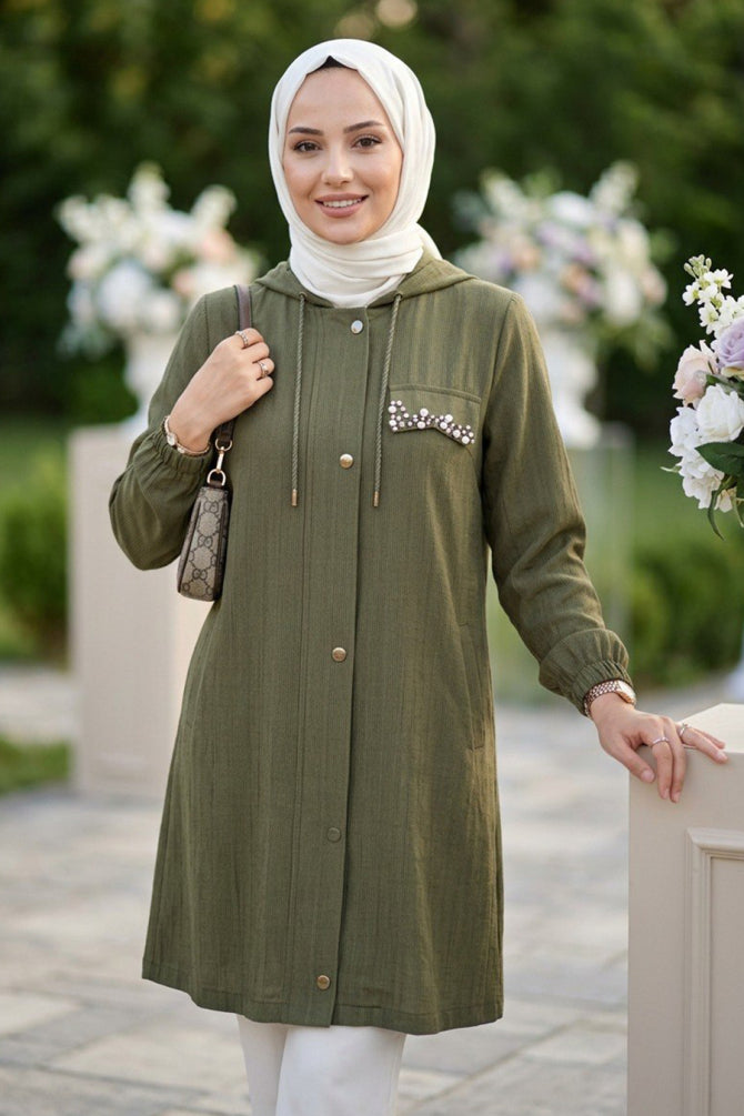 Hooded Drawstring Khaki Modest Cape 15241HK