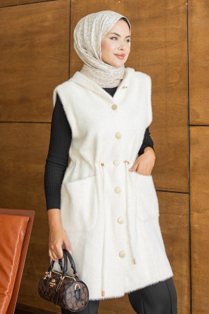 Hooded Belted Cream Modest Knit Vest 251485KR