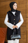 Hooded Belted Black Modest Knit Vest 251485S