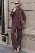 Brown hooded zip-up modest trouser two-piece set 3134KH wholesale Turkey fall winter