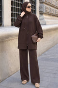 Dark brown hooded zip-up modest trouser two-piece set 3134KKH wholesale Turkey fall winter