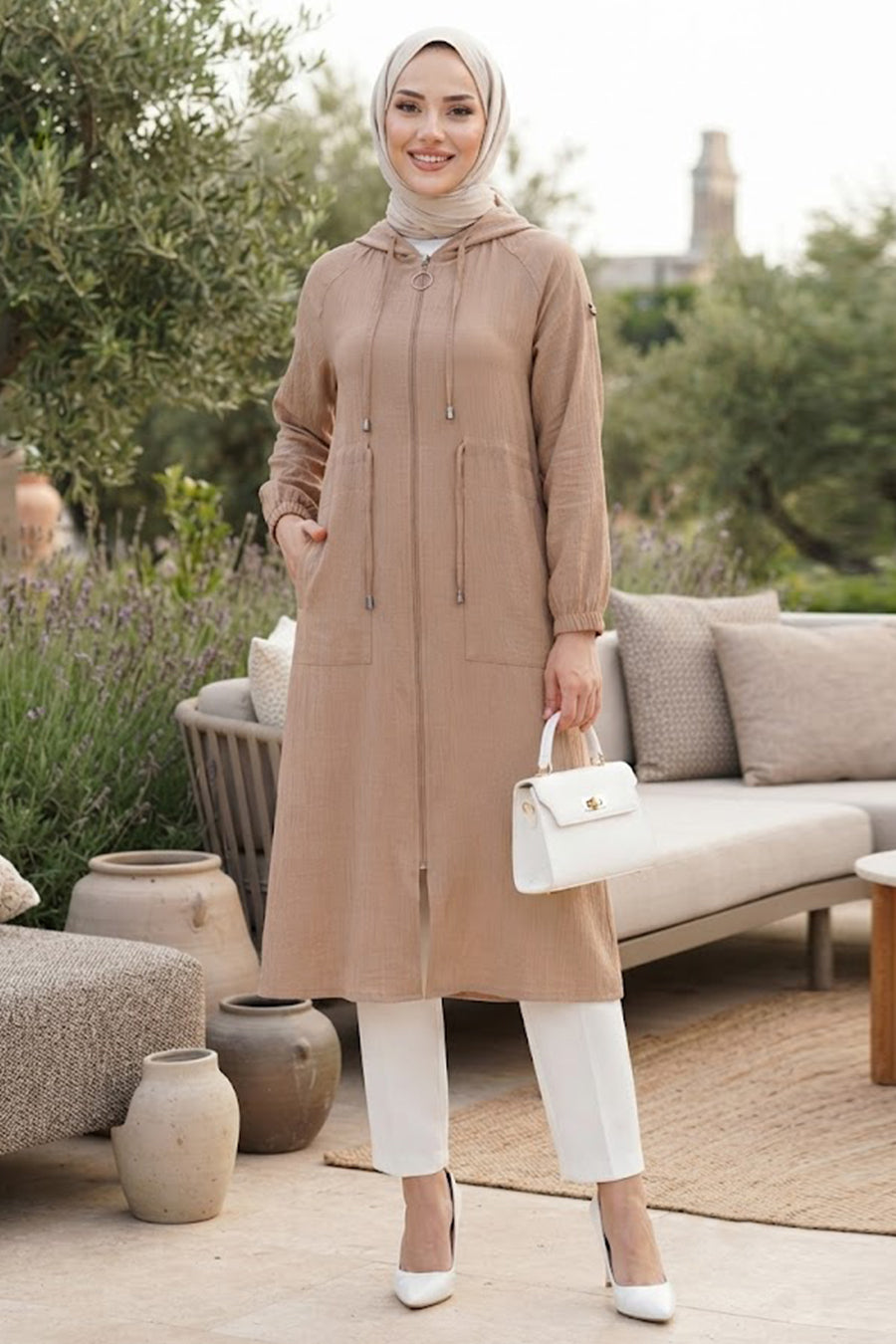 Hooded Dark Beige Modest Cape 15471KBEJ