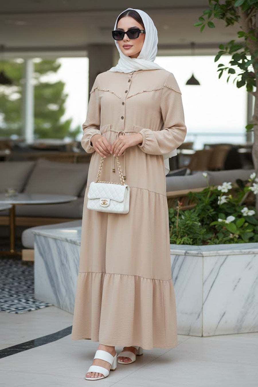 Layered Pleat Beige Modest Dress 10334BEJ — Set of 6 ($15/pc)