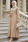 Layered Pleat Camel Modest Dress 10334C