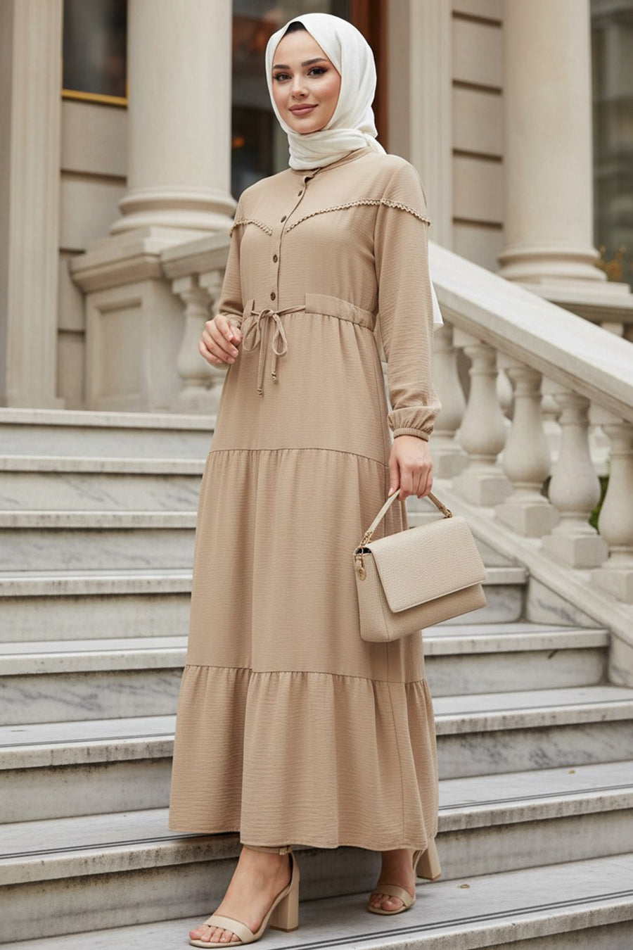 Layered Pleat Camel Modest Dress 10334C