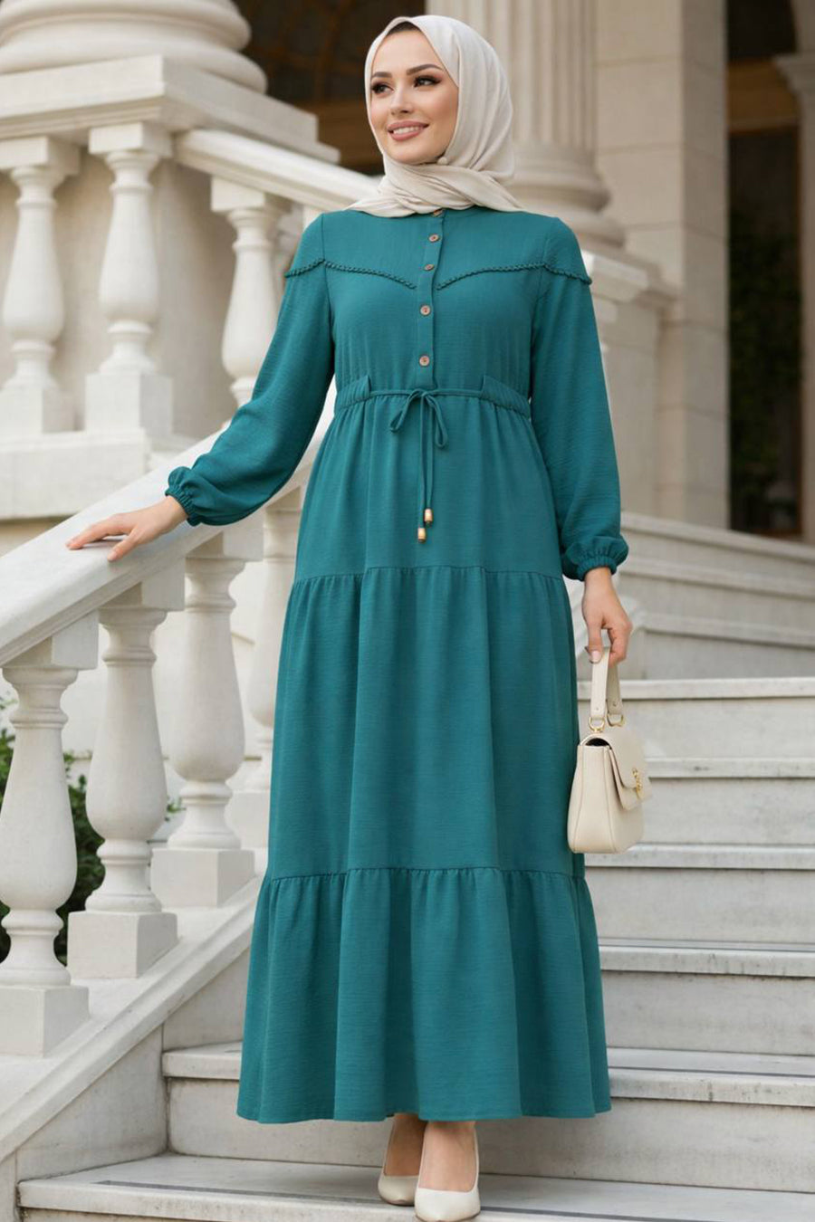 Layered Pleat Dark Mint Modest Dress 10334KMINT