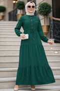 Layered Pleat Dark Green Modest Dress 10334KY