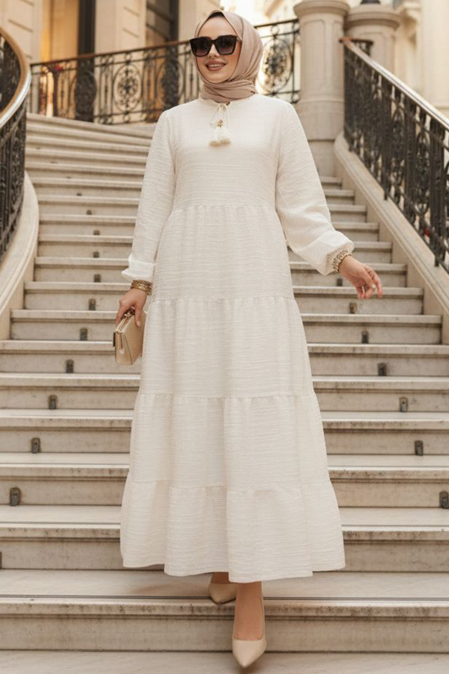 Tiered Pleated Cream Modest Dress 19046KR
