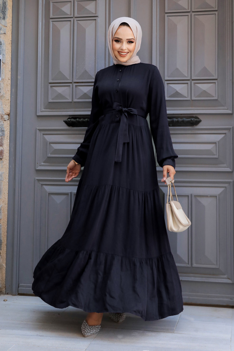 Tiered Pleated Navy Modest Dress 22042L