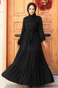 Layered Pleat Black Modest Dress 22042S