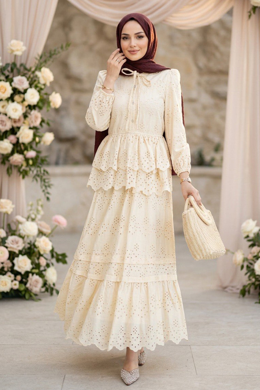 50272BEJ Beige Tiered Ruffle Embroidered Set