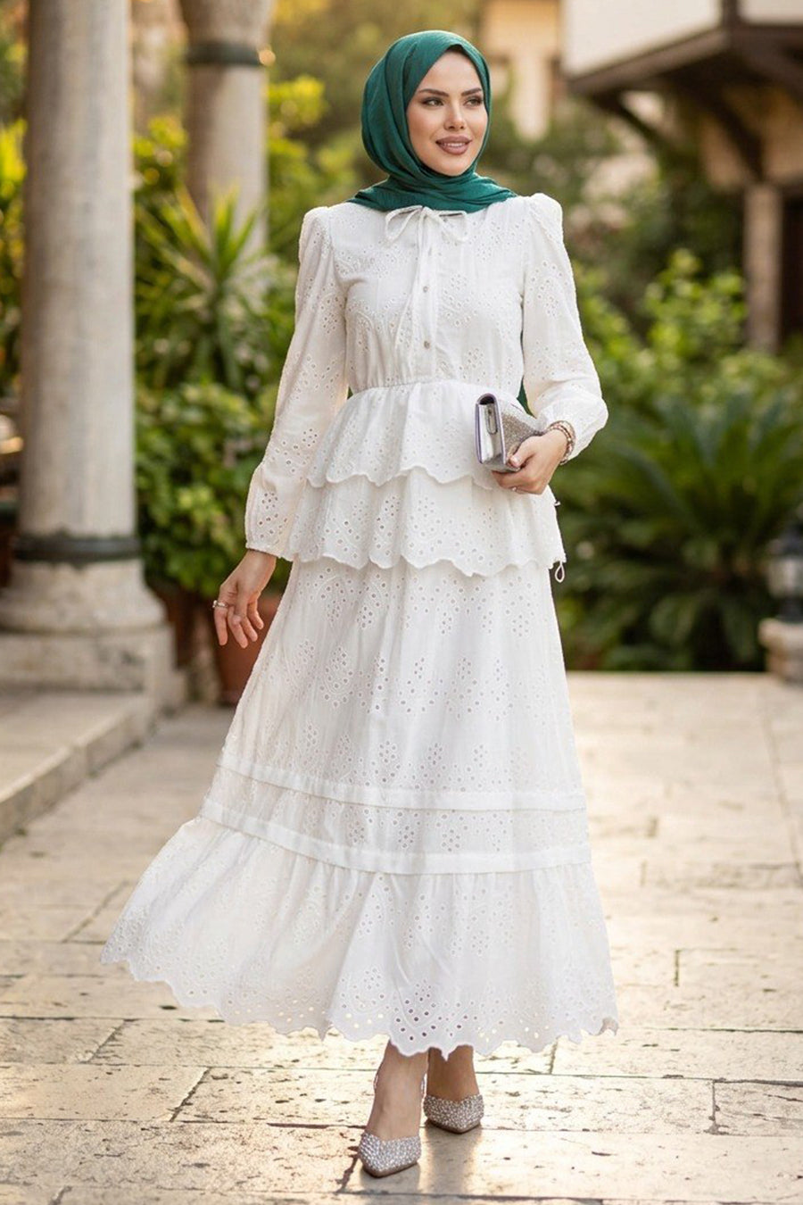 50272B White Tiered Ruffle Embroidered Set