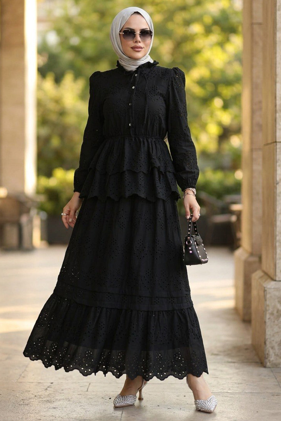 50272S Black Tiered Ruffle Embroidered Set