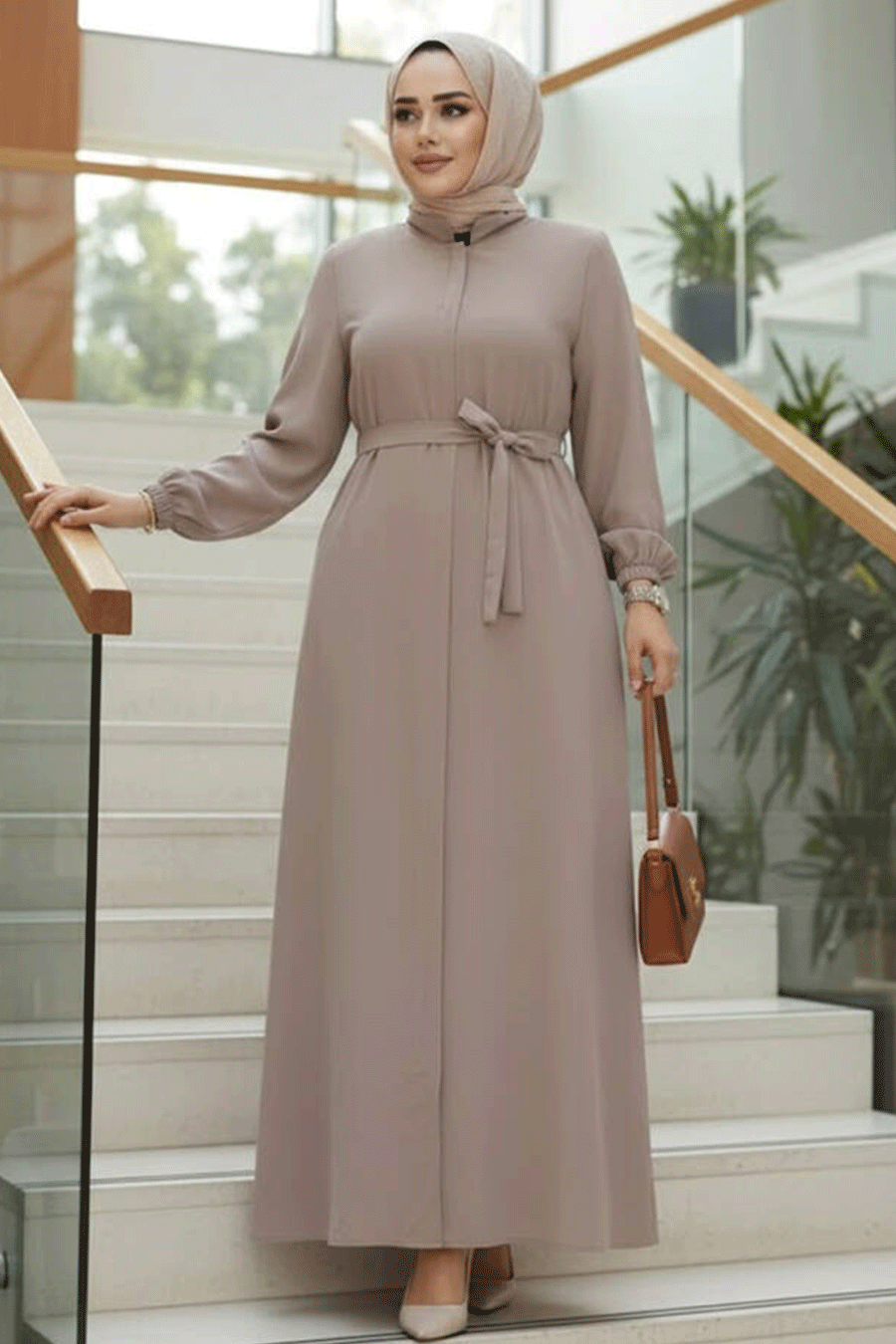 Belted Beige Ferace Modest Abaya 26391BEJ