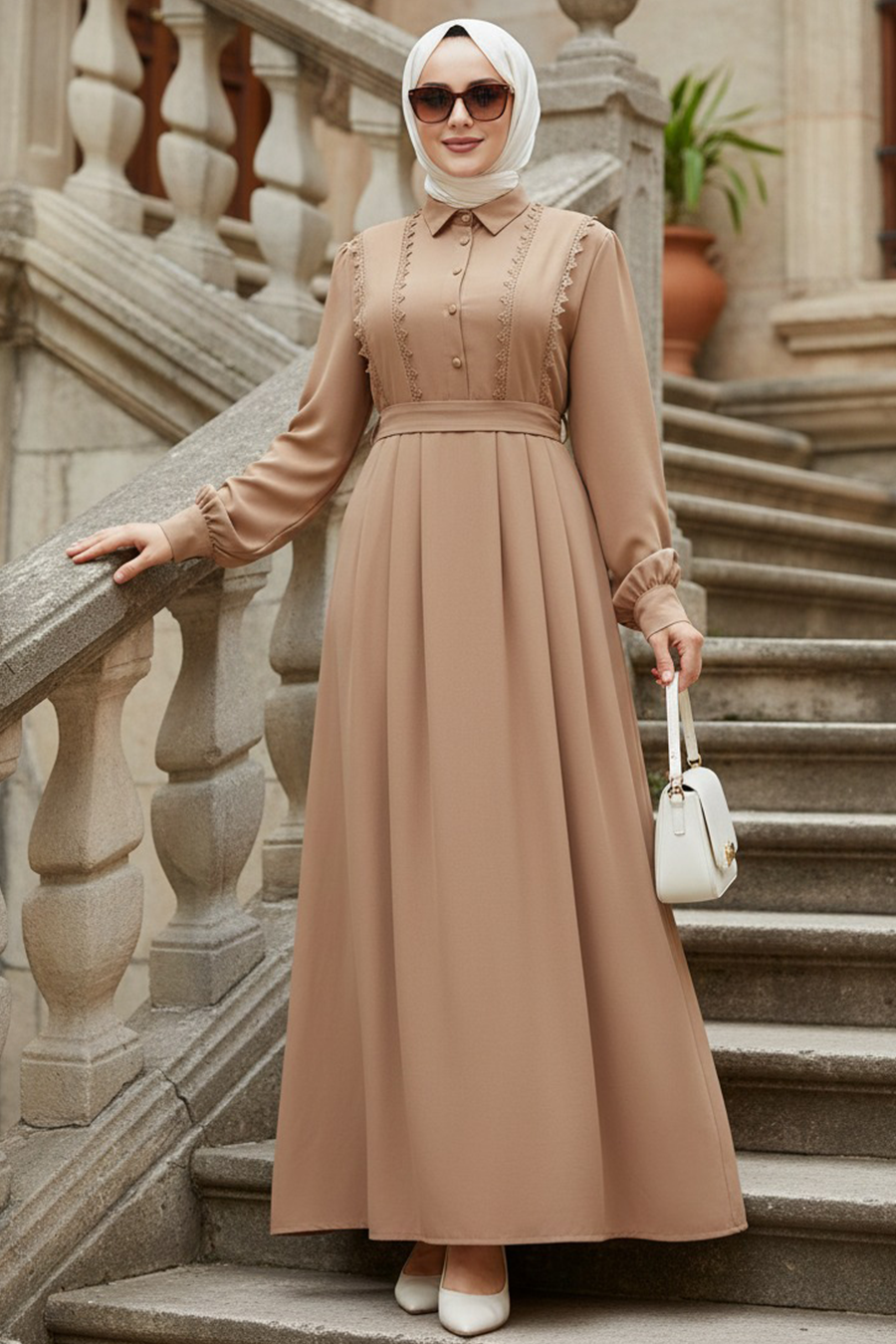 Belted Camel Modest Dress 10308C