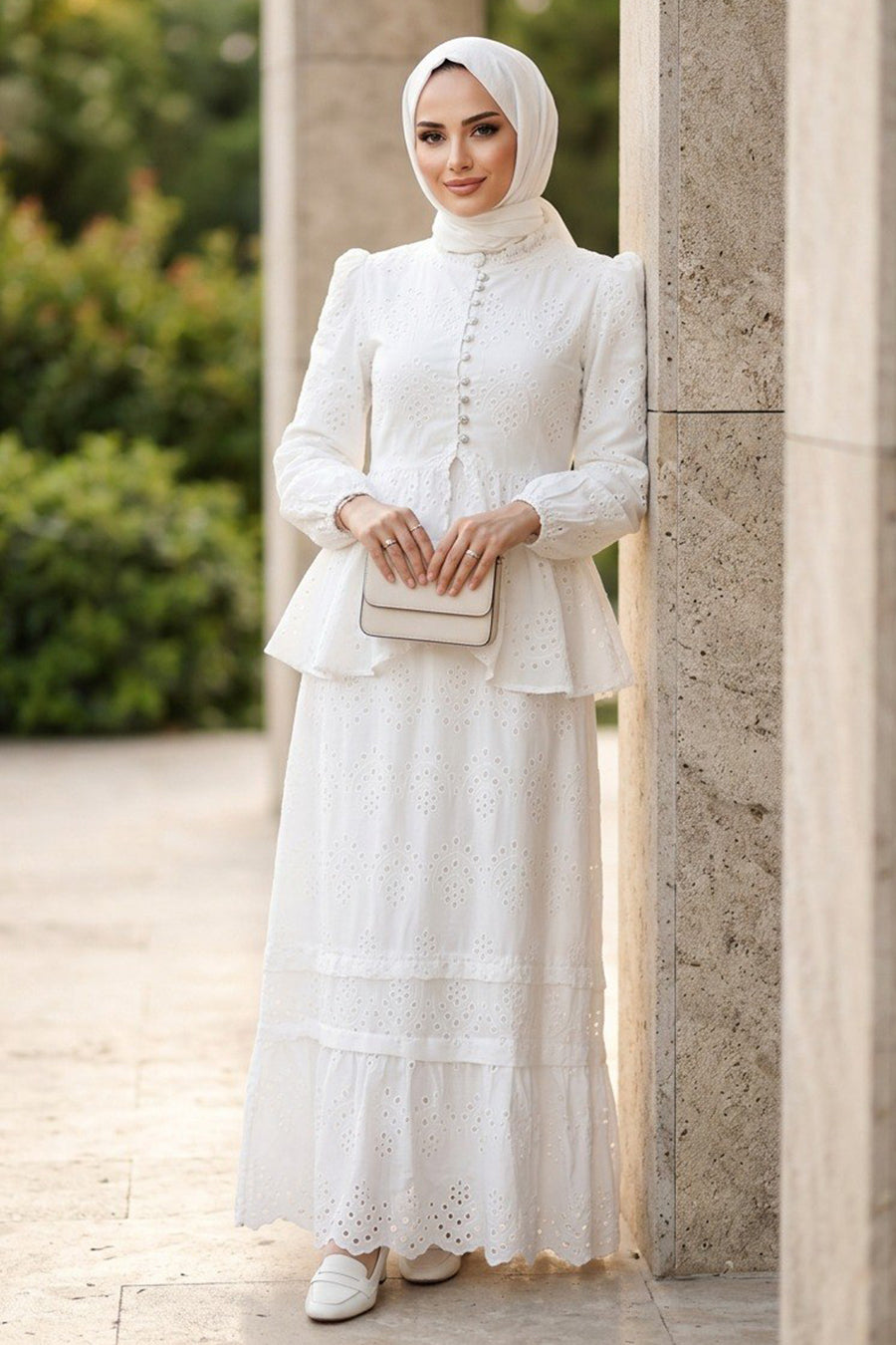 50205B White Belted Buttoned Embroidered Set