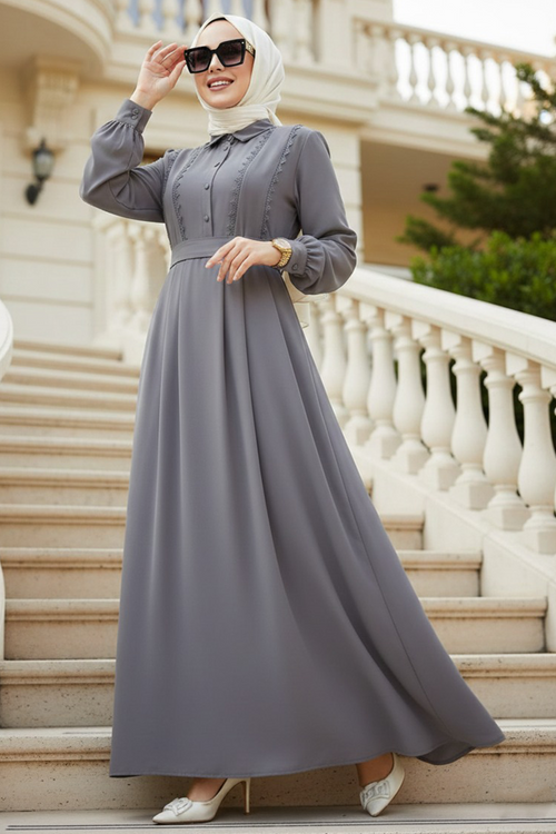 Belted Grey Modest Dress 10308GR