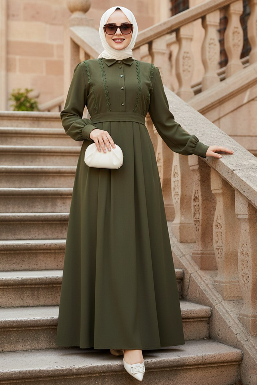 Belted Khaki Modest Dress 10308HK