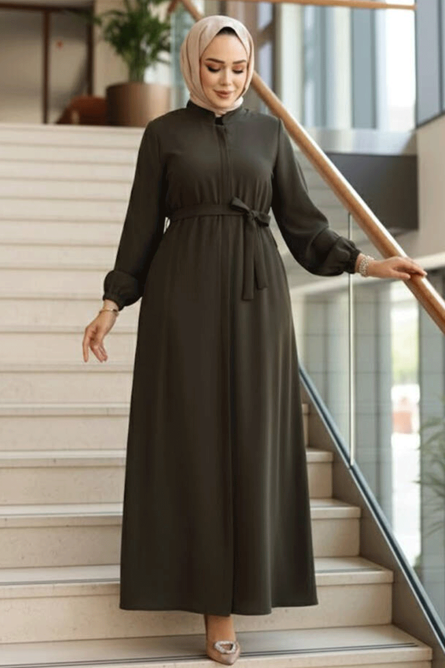 Belted Khaki Ferace Modest Abaya 26391HK