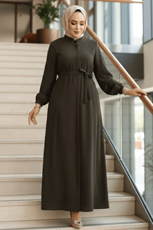 Belted Khaki Ferace Modest Abaya 26391HK