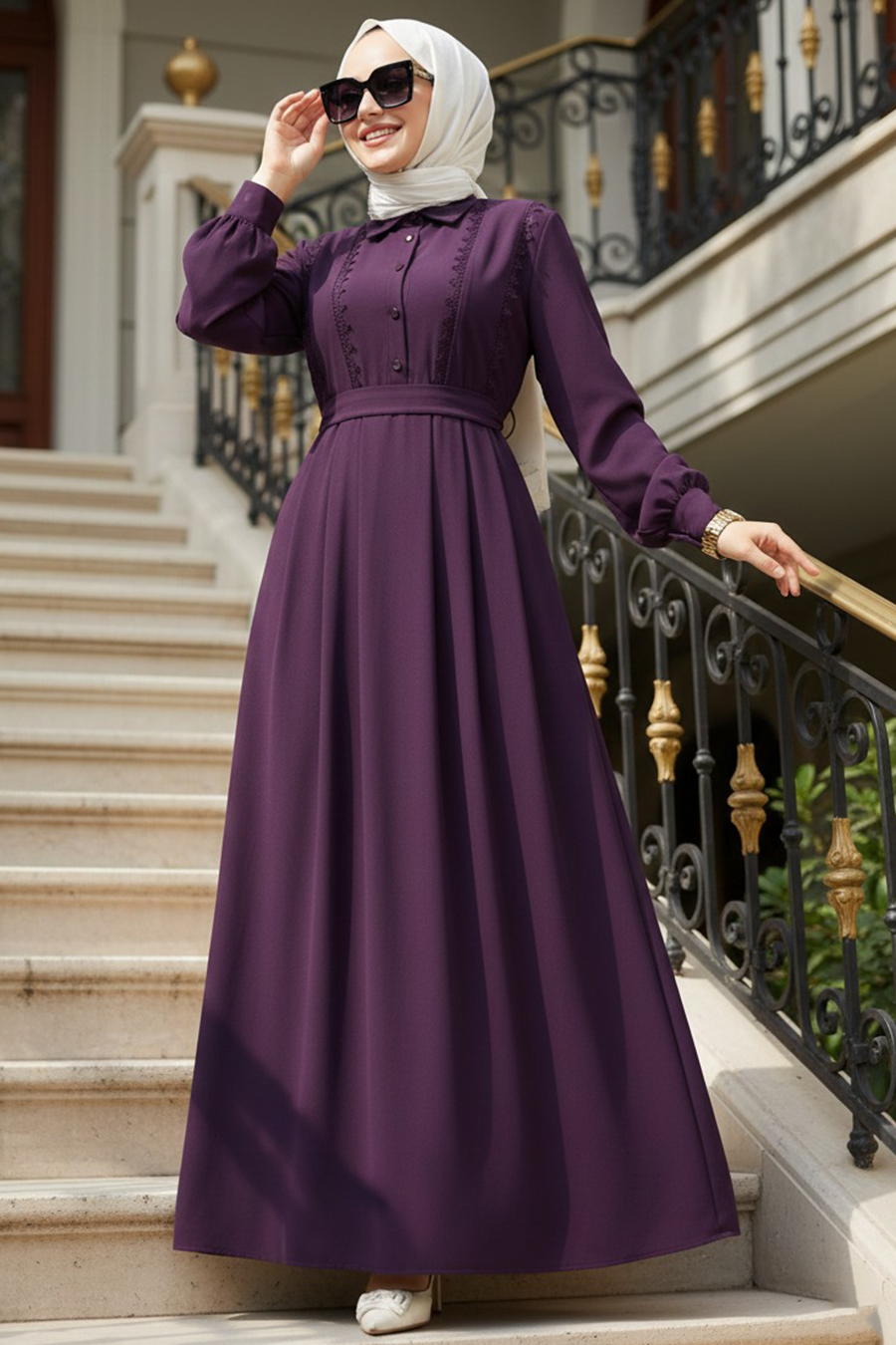 Belted Purple Modest Dress 10308MOR