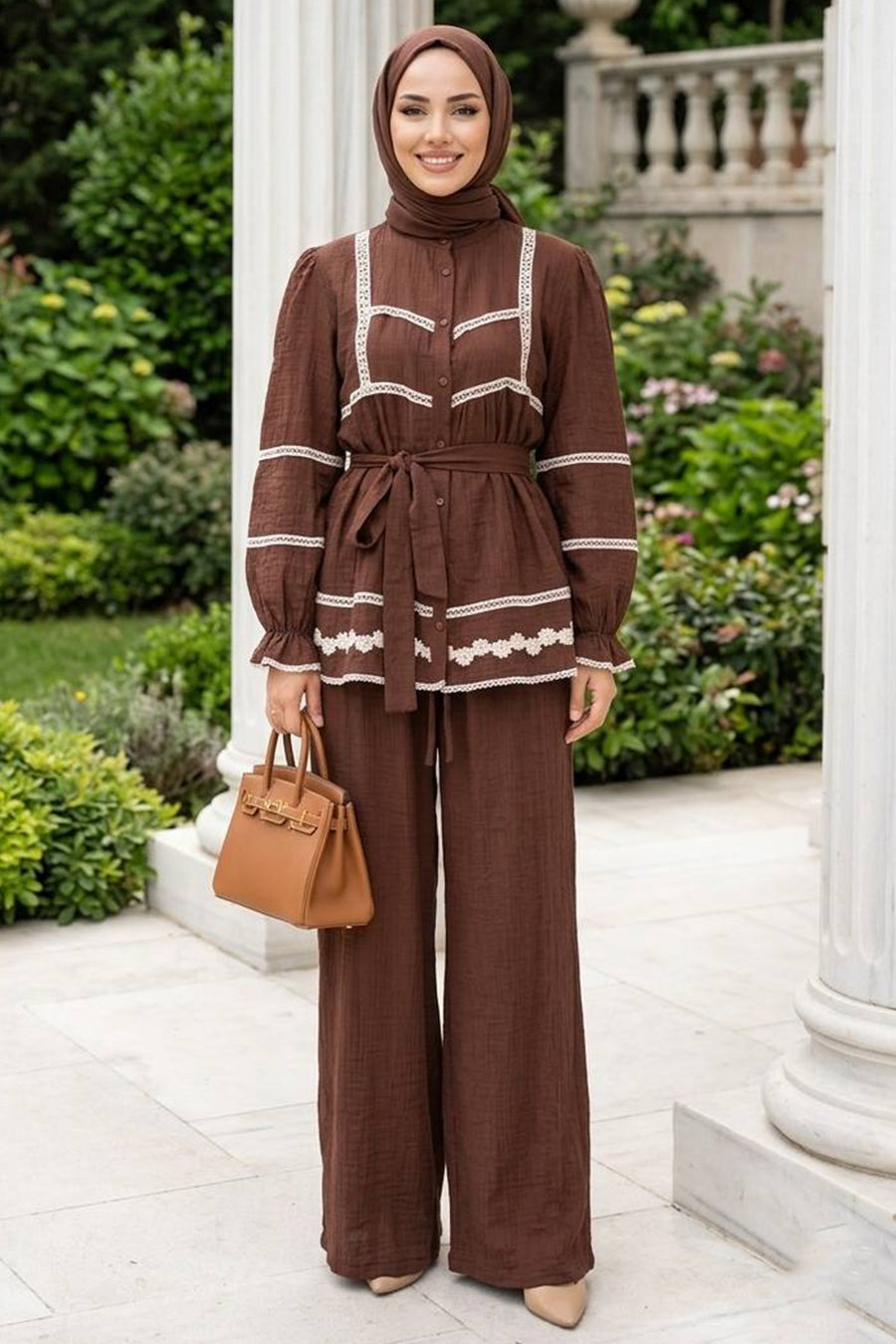 Lace-Detailed Brown Linen Modest Two-Piece Set 95722KH