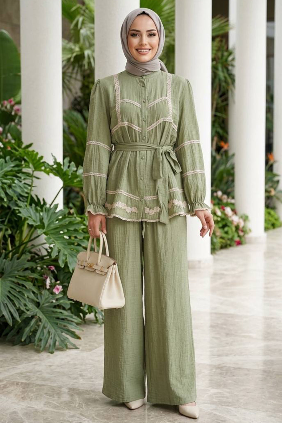 Lace-Detailed Mint Linen Modest Two-Piece Set 95722MINT